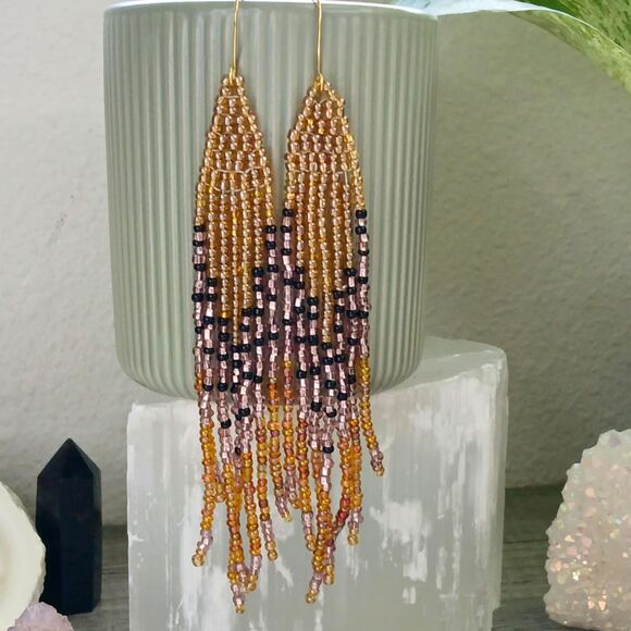 Long Beaded Fringe Dangle Earrings, Seed Bead Statement Boho Chic Jewelry 5.5" - Picture 8 of 10